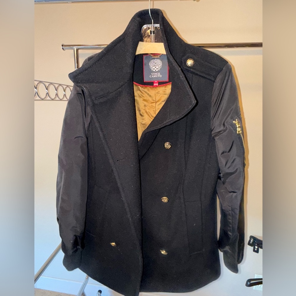 Vince Camuto Black Pea Coat with Gold Accents